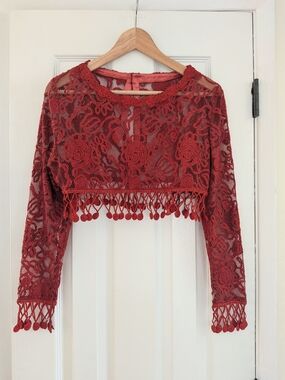 Women's Vintage Style Red Lace Rose Print Crop Top Long Sleeve Shirt Size Small